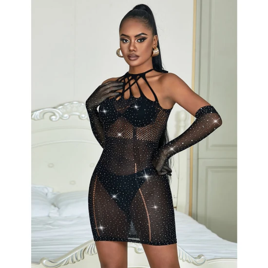 Rochie tip fishnet cu strasuri din nailon/elastan, negru, One Size