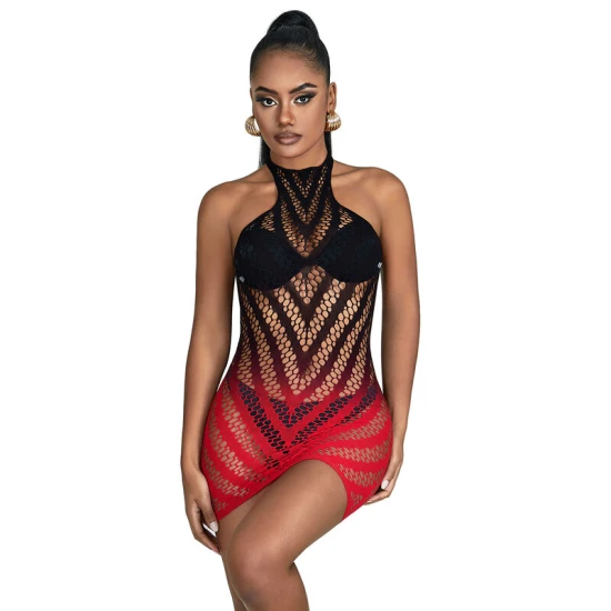 Rochie body tip fishnet elastic, degrade roșu-negru, mărime Universal