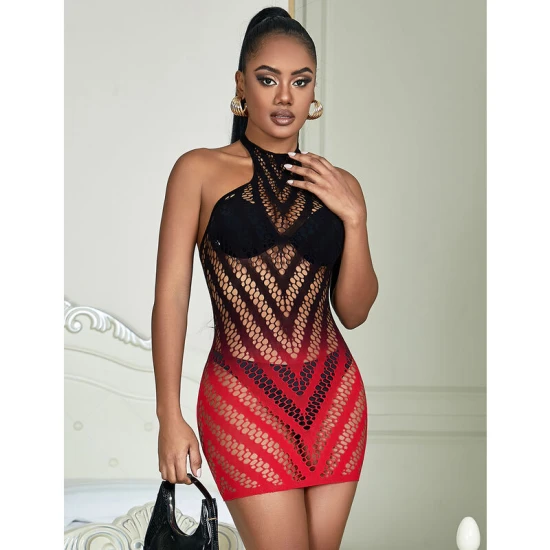 Rochie body tip fishnet elastic, degrade roșu-negru, mărime Universal