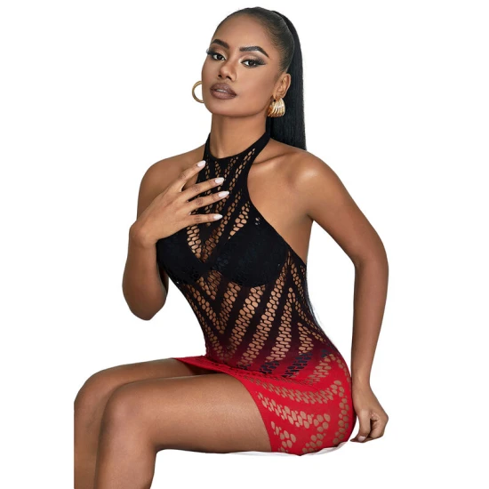 Rochie body tip fishnet elastic, degrade roșu-negru, mărime Universal