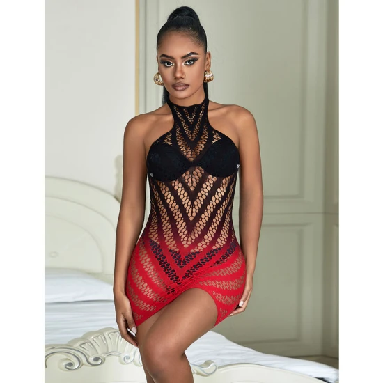 Rochie body tip fishnet elastic, degrade roșu-negru, mărime Universal