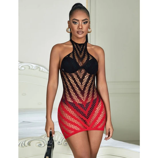 Rochie body tip fishnet elastic, degrade roșu-negru, mărime Universal