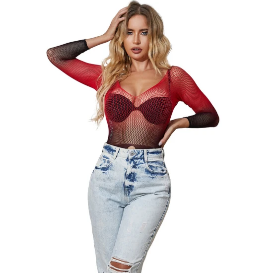 SUBBLIME - Rochie tip plasă elastică cu mâneci lungi, gradient roșu și negru, One Size