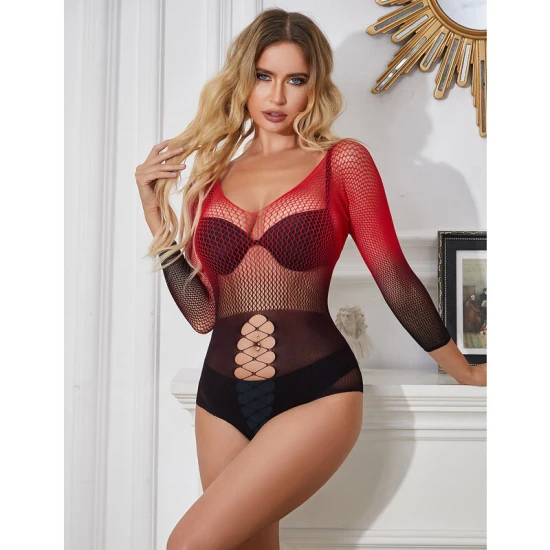 SUBBLIME - Rochie tip plasă elastică cu mâneci lungi, gradient roșu și negru, One Size