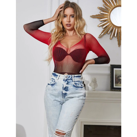 SUBBLIME - Rochie tip plasă elastică cu mâneci lungi, gradient roșu și negru, One Size