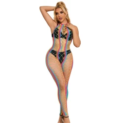 SUBBLIME - Body model cu bretele tip halter, Rainbow Mesh, Roz/Negru, XS/M