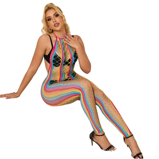 SUBBLIME - Body model cu bretele tip halter, Rainbow Mesh, Roz/Negru, XS/M