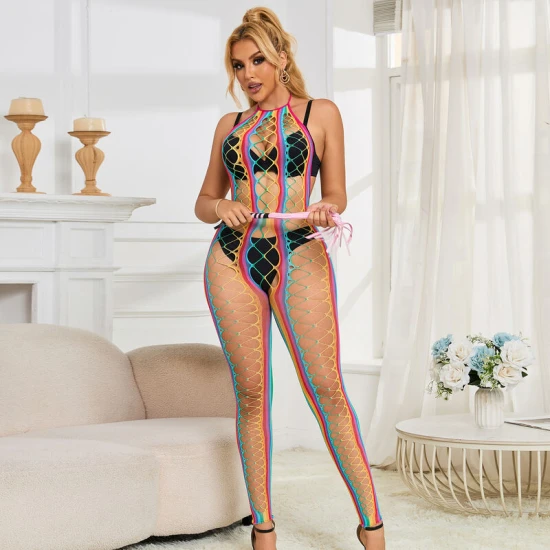 SUBBLIME - Body model cu bretele tip halter, Rainbow Mesh, Roz/Negru, XS/M