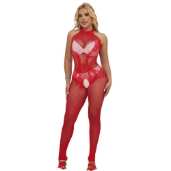 Body tip high neck din nailon/elastan, roșu, cu decupaje și dantelă, mărime One Size
