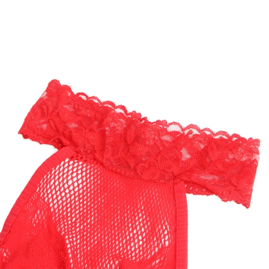 Body tip high neck din nailon/elastan, roșu, cu decupaje și dantelă, mărime One Size