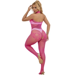 Sublim - Body tip plasa si dantela cu bretele decupate, guler inalt, Roz, One Size