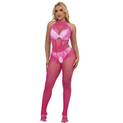 Sublim - Body tip plasa si dantela cu bretele decupate, guler inalt, Roz, One Size