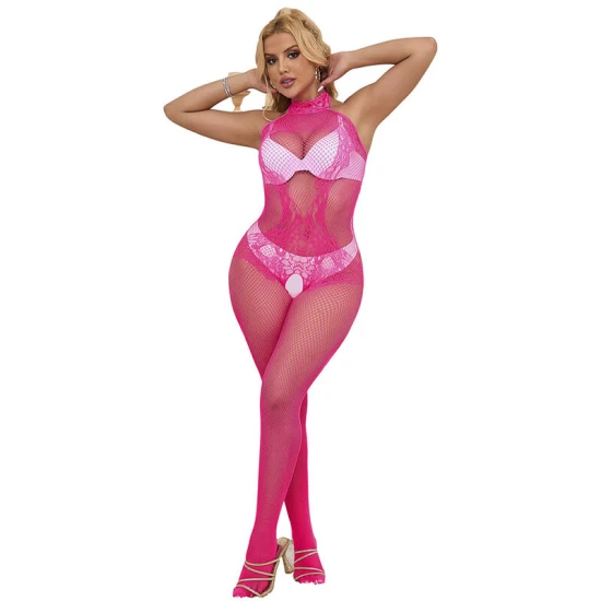 Sublim - Body tip plasa si dantela cu bretele decupate, guler inalt, Roz, One Size