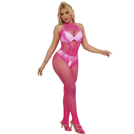 Sublim - Body tip plasa si dantela cu bretele decupate, guler inalt, Roz, One Size