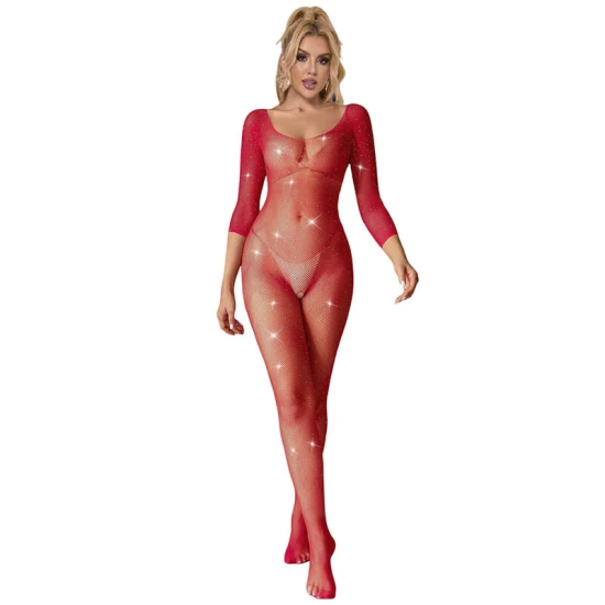 Sublime - Body tip fishnet cu diamante, mânecă lungă, Roz, XS/M