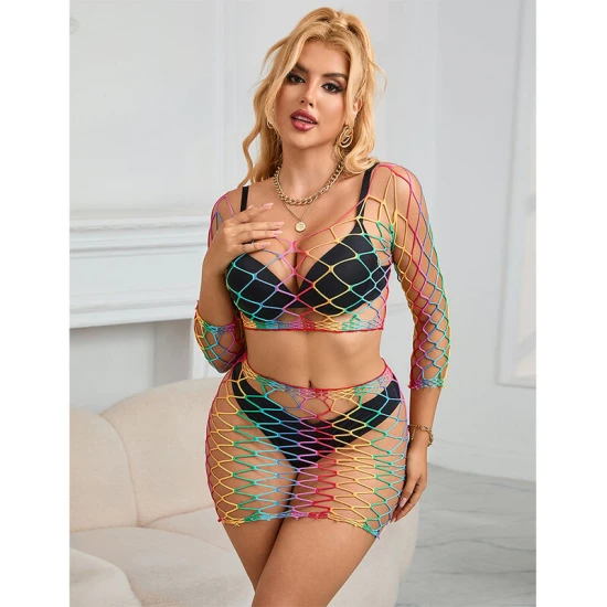 SUBBLIME - Set fishnet 2 piese cu mâneci lungi, curcubeu, one size