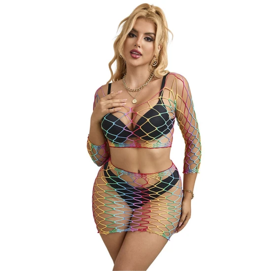 SUBBLIME - Set fishnet 2 piese cu mâneci lungi, curcubeu, one size
