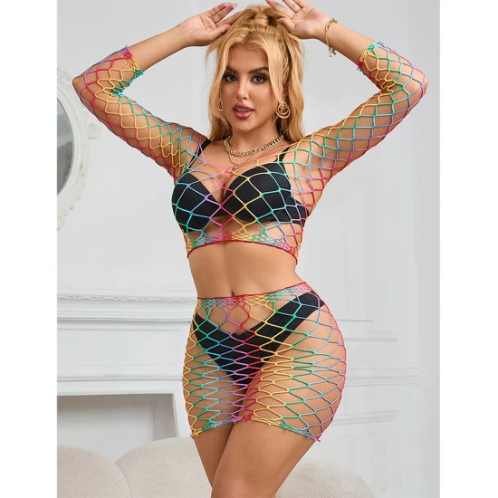 SUBBLIME - Set fishnet 2 piese cu mâneci lungi, curcubeu, one size