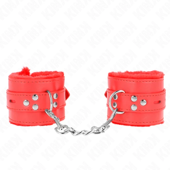 Cătușe pentru încheieturi cu căptușeală din blană, cu găuri pătrate, Rosu, ajustabile 17-29 cm x 6 cm