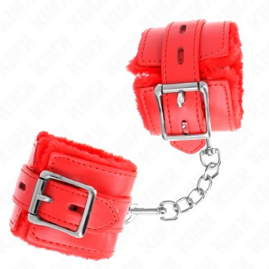 Cătușe pentru încheieturi cu căptușeală din blană, cu găuri pătrate, Rosu, ajustabile 17-29 cm x 6 cm
