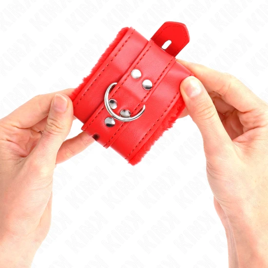 Cătușe pentru încheieturi cu căptușeală din blană, cu găuri pătrate, Rosu, ajustabile 17-29 cm x 6 cm