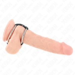 Inel penis dublu metal, 3.8 cm până la 5 cm, conectat cu piele