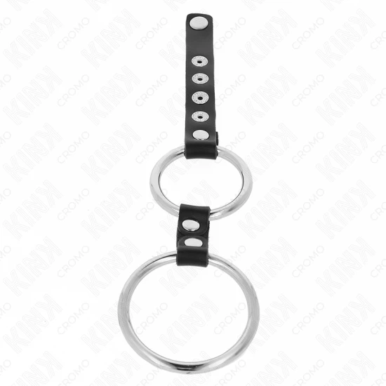 Inel penis dublu metal, 3.8 cm până la 5 cm, conectat cu piele