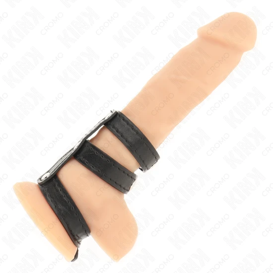 Inel penis triplu din piele cu închidere tip presiune