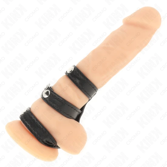 Inel penis triplu din piele cu închidere tip presiune