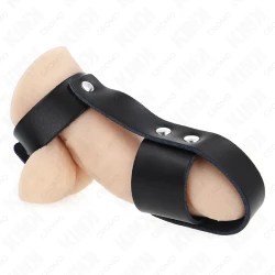 Inel penis din piele, cu separator reglabil pentru bile, Negru