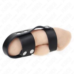 Inel penis din piele, cu separator reglabil pentru bile, Negru