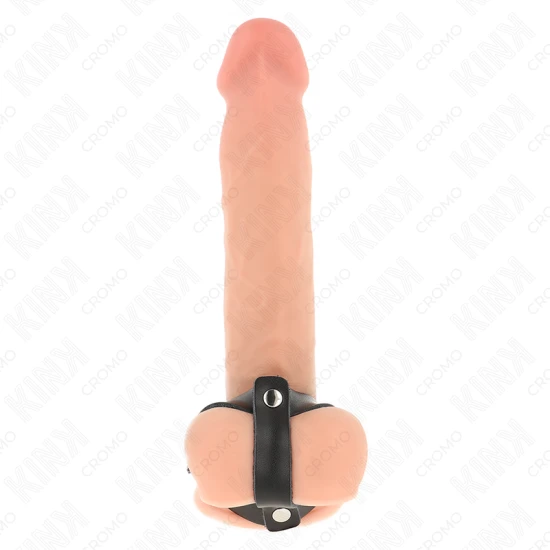 Inel penis reglabil din piele, cu separator pentru testicule, Negru