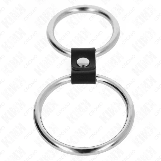Inel penis dublu metalic, 3.7 cm până la 5 cm, conectat cu curea din piele, model 1