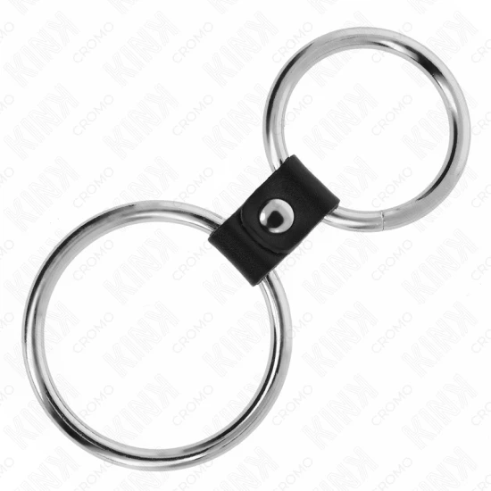 Inel penis dublu metalic, 3.7 cm până la 5 cm, conectat cu curea din piele, model 1