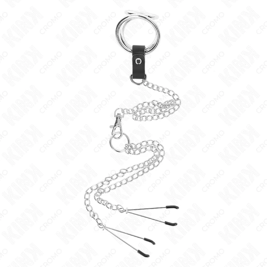 Inel penis Triplu Cromat, Metal, 3 cm - 4.5 cm, cu lanț metal 26 cm și cleme pentru mameloane