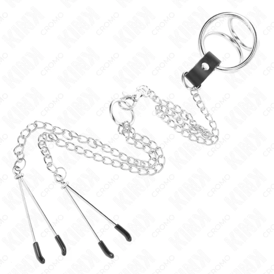 Inel penis Triplu Cromat, Metal, 3 cm - 4.5 cm, cu lanț metal 26 cm și cleme pentru mameloane