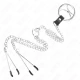 Inel penis Triplu Cromat, Metal, 3 cm - 4.5 cm, cu lanț metal 26 cm și cleme pentru mameloane