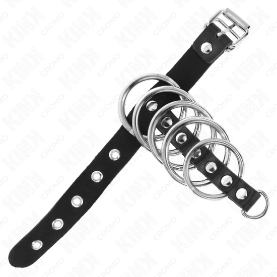 Inel penis din piele cu sistem de închidere și 5 inele metalice, 21 x 2 cm, inele metalice 3 cm - 4 cm