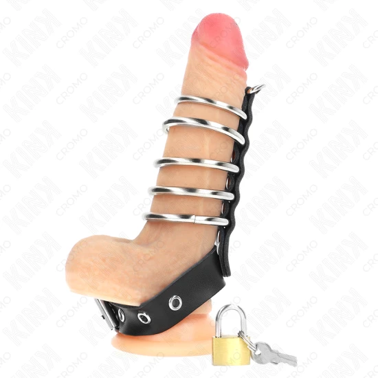 Inel penis din piele cu sistem de închidere și 5 inele metalice, 21 x 2 cm, inele metalice 3 cm - 4 cm