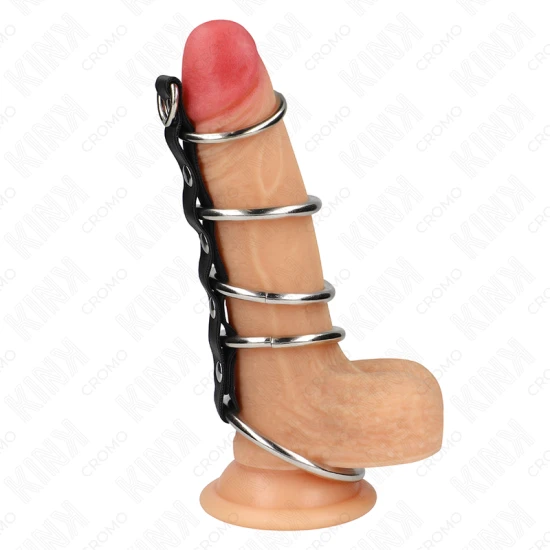 Set 5 inele metalice pentru penis, 3.2 cm - 5 cm, conectate cu piele