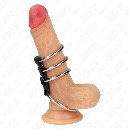 Inel penis metalic 4 inele, 3.7 cm - 5 cm, conectat cu piele