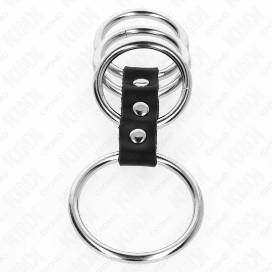 Inel penis metalic 4 inele, 3.7 cm - 5 cm, conectat cu piele