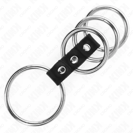 Inel penis metalic 4 inele, 3.7 cm - 5 cm, conectat cu piele