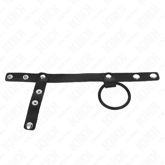 Inel penis din silicon, 3.8 cm cu separator pentru glandă și curea din piele 22 x 1.5 cm