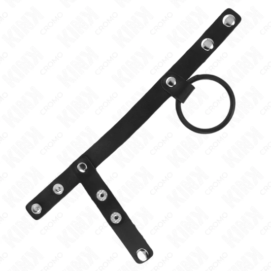 Inel penis din silicon, 3.8 cm cu separator pentru glandă și curea din piele 22 x 1.5 cm