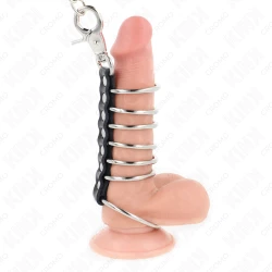 Set inele penis metalice 3.8 cm - 5 cm, conectate cu lanț metalic și curea din piele, 100 cm, Negru