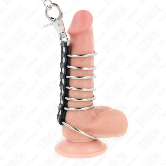 Set inele penis metalice 3.8 cm - 5 cm, conectate cu lanț metalic și curea din piele, 100 cm, Negru