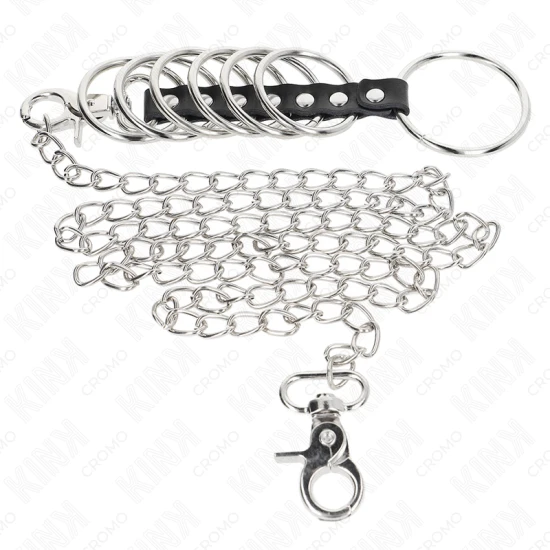 Set inele penis metalice 3.8 cm - 5 cm, conectate cu lanț metalic și curea din piele, 100 cm, Negru
