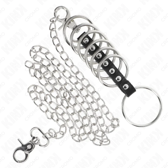 Set inele penis metalice 3.8 cm - 5 cm, conectate cu lanț metalic și curea din piele, 100 cm, Negru