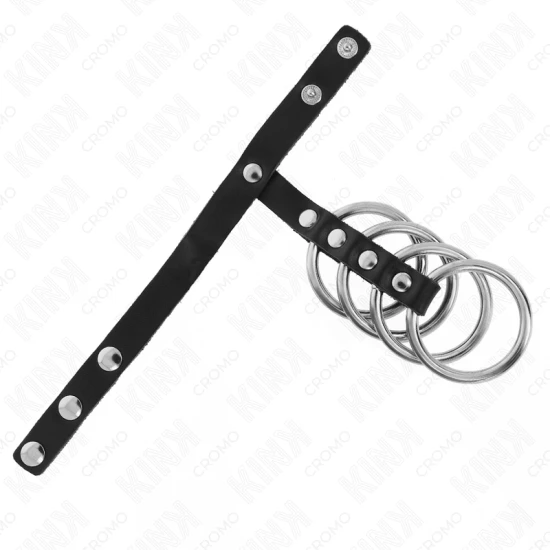 Inel penis metalic 3.8 cm, conectat cu curea din piele 22 x 1.5 cm, închidere cu presiune